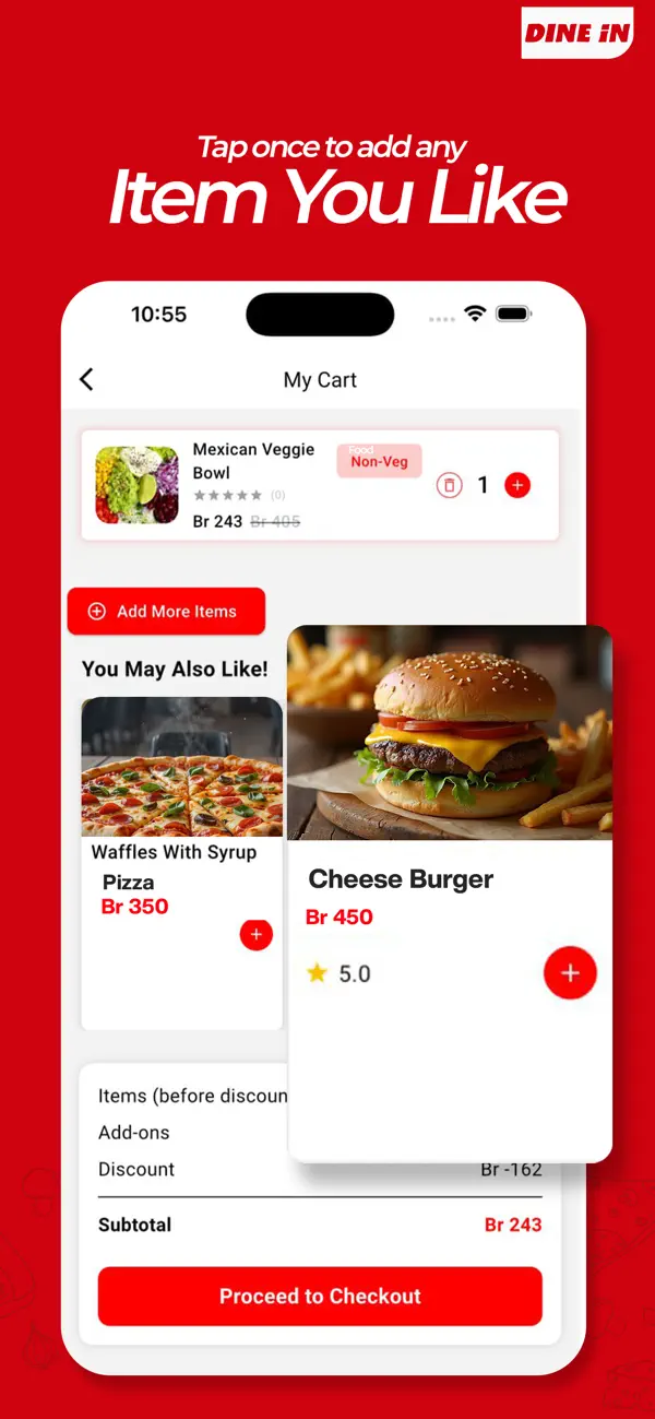 Dine In shopping cart and checkout screen