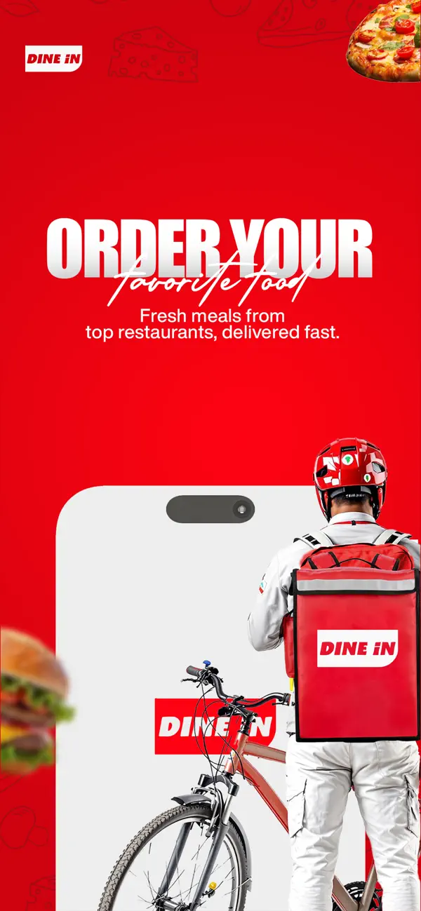 Dine In delivery rider with branded red delivery bag